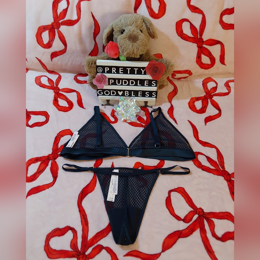 💎 XXL 2pc VS Very Sexy Ziggy Glam Shine Fishnet Bralette & V-String Set 💎 - Picture 2 of 15